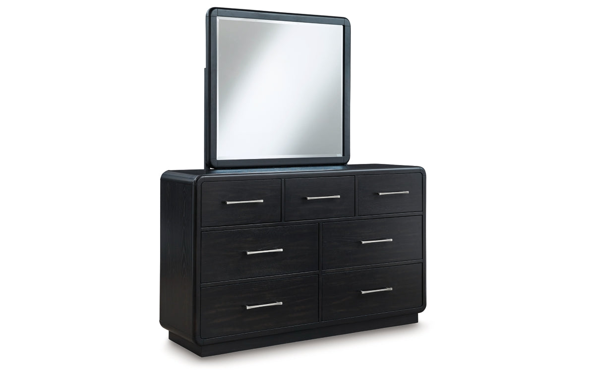 Rowanbeck California King Upholstered Panel Bed with Mirrored Dresser and Nightstand
