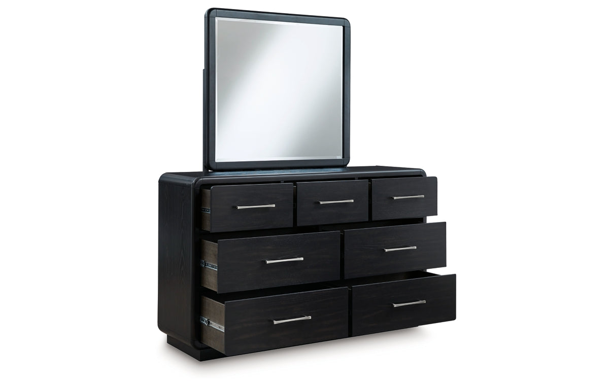 Rowanbeck California King Upholstered Panel Bed, Dresser, Mirror, Chest and Nightstand