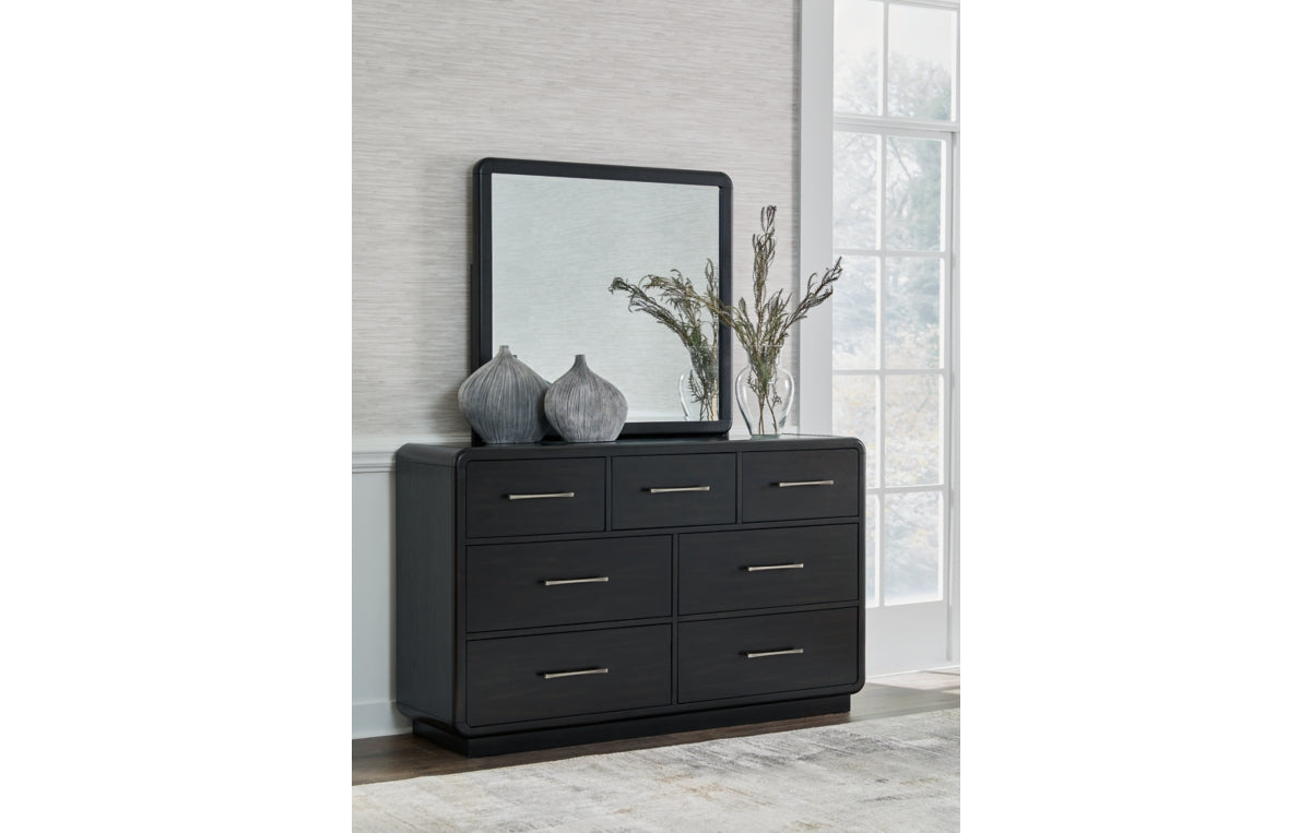 Rowanbeck California King Upholstered Panel Bed with Mirrored Dresser and Nightstand
