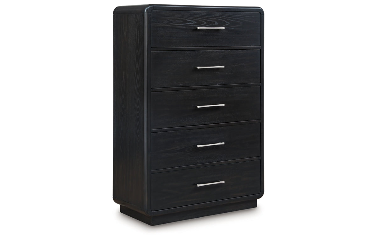 Rowanbeck California King Upholstered Panel Bed, Dresser, Mirror, Chest and Nightstand