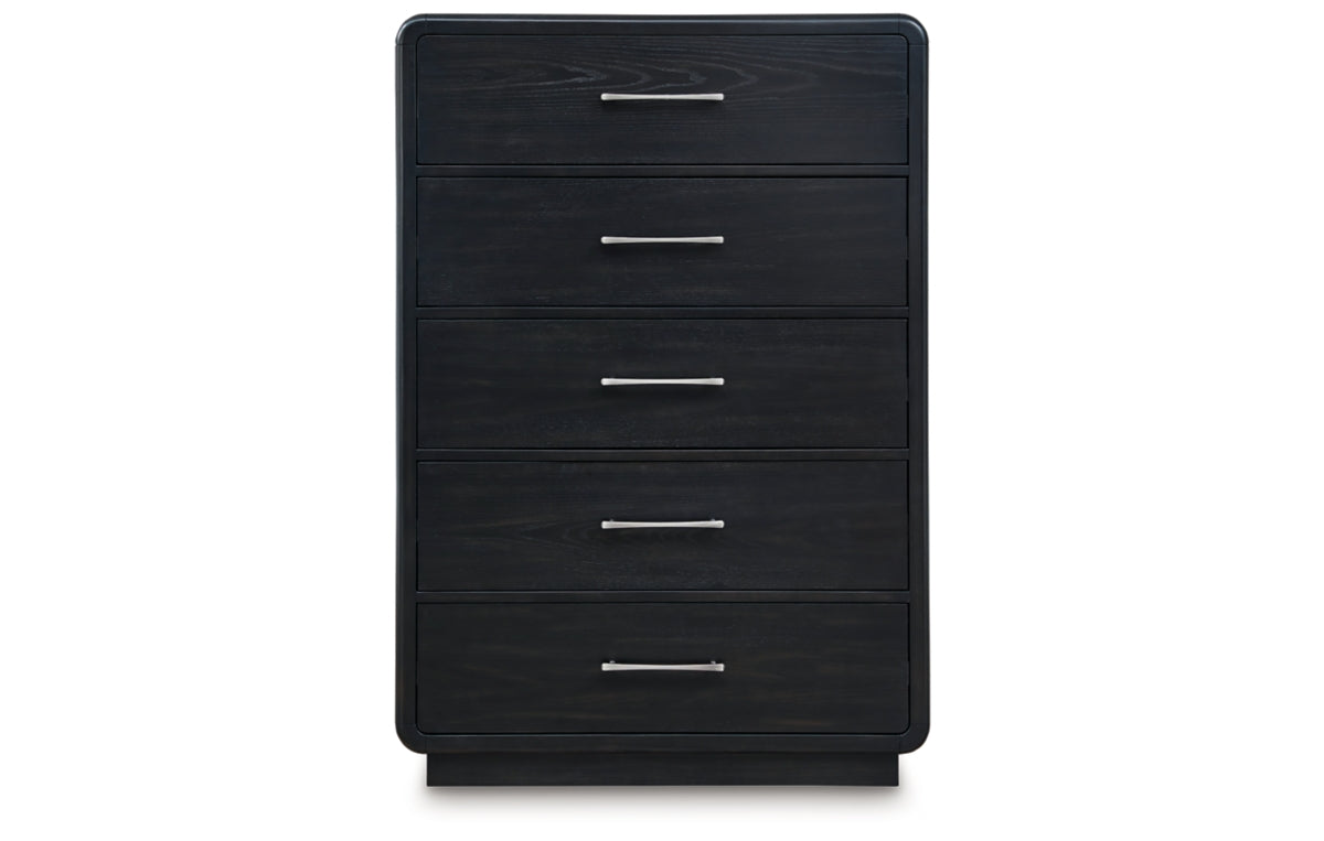 Rowanbeck California King Upholstered Panel Bed, Dresser, Mirror, Chest and Nightstand