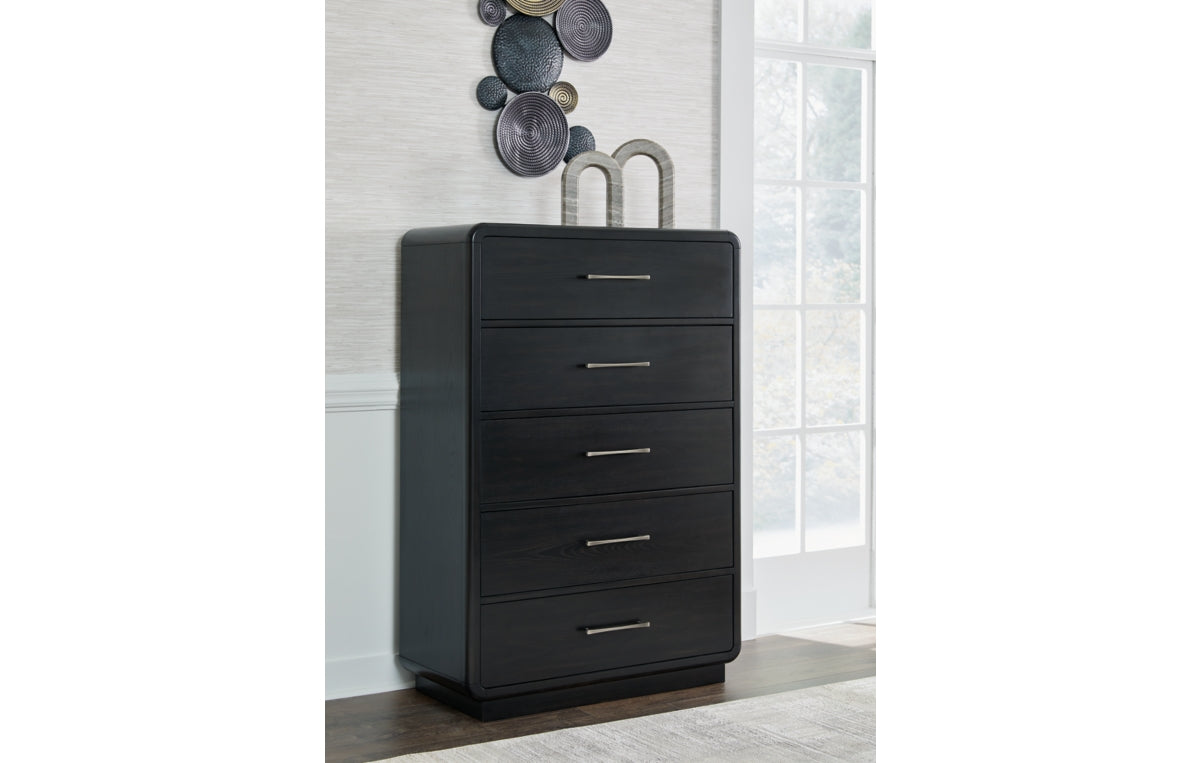 Rowanbeck California King Upholstered Panel Bed, Dresser, Mirror, Chest and Nightstand