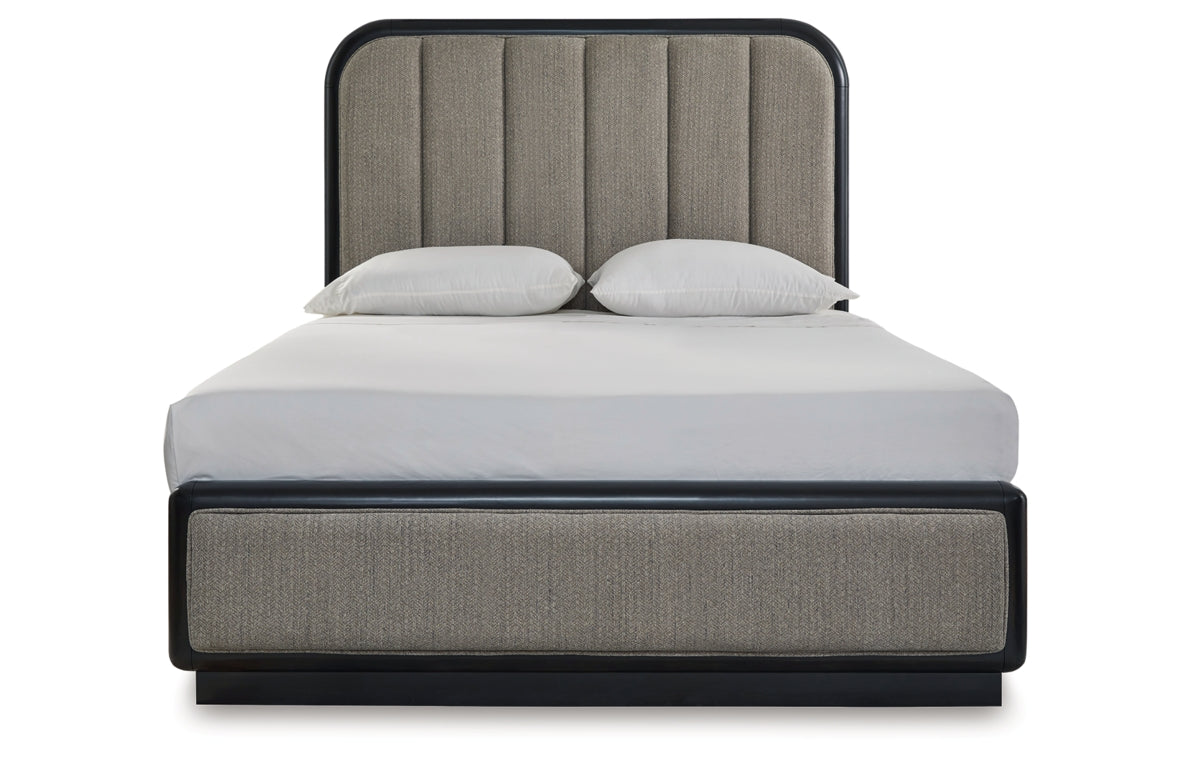 Rowanbeck Queen Upholstered Panel Bed with Mirrored Dresser