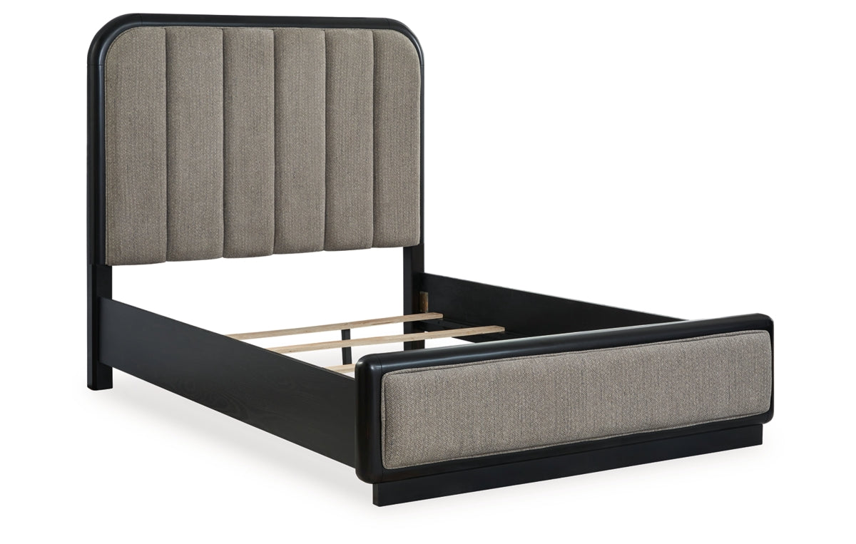 Rowanbeck Queen Upholstered Panel Bed with Mirrored Dresser and Chest