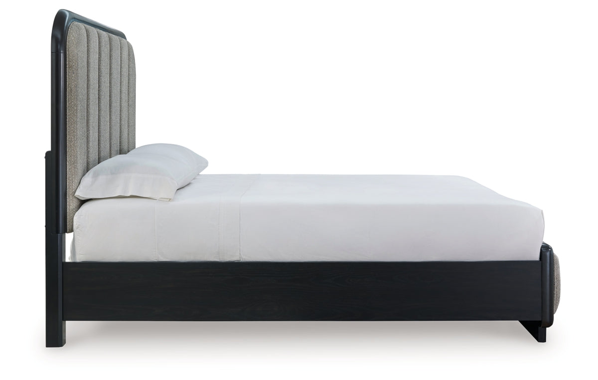 Rowanbeck Queen Upholstered Panel Bed with Mirrored Dresser