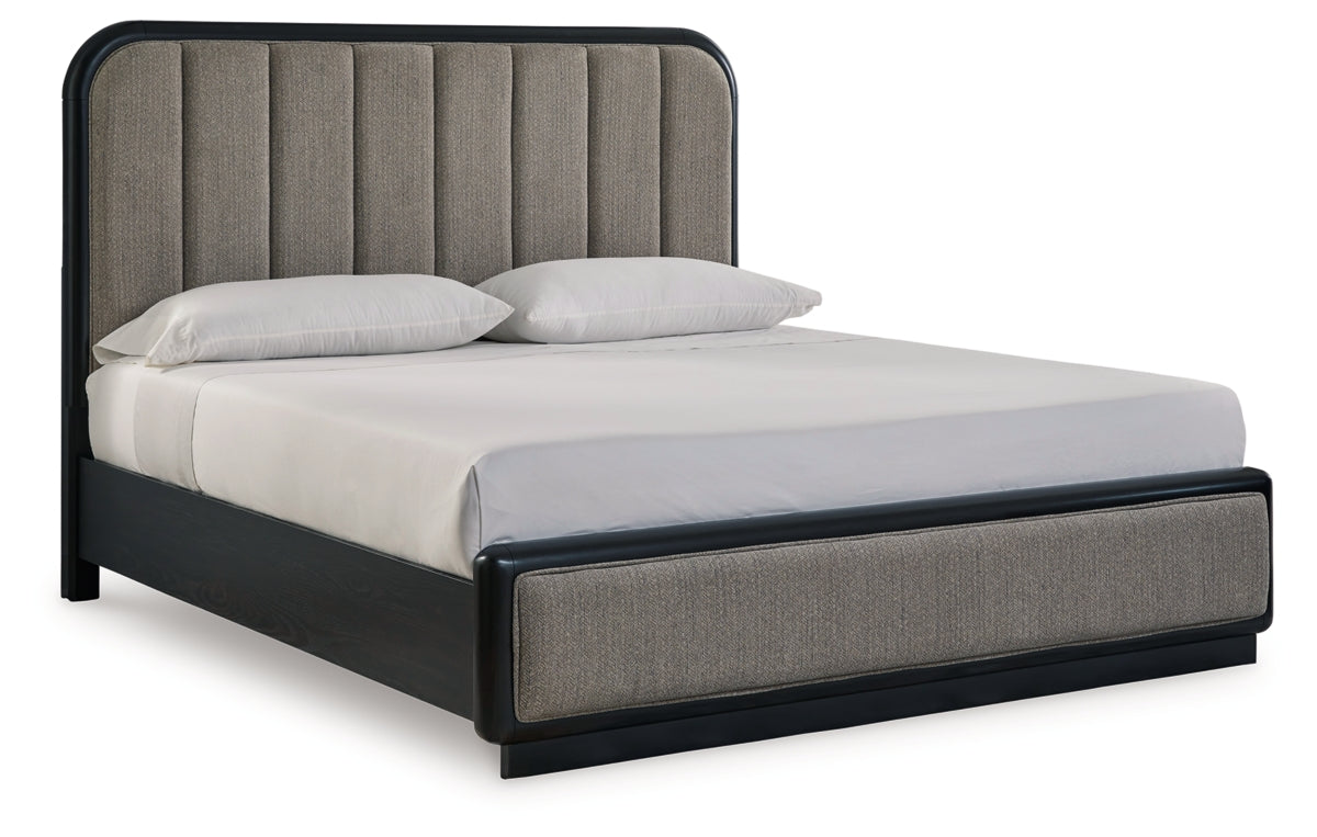 Rowanbeck California King Upholstered Panel Bed, Dresser, Mirror, Chest and Nightstand