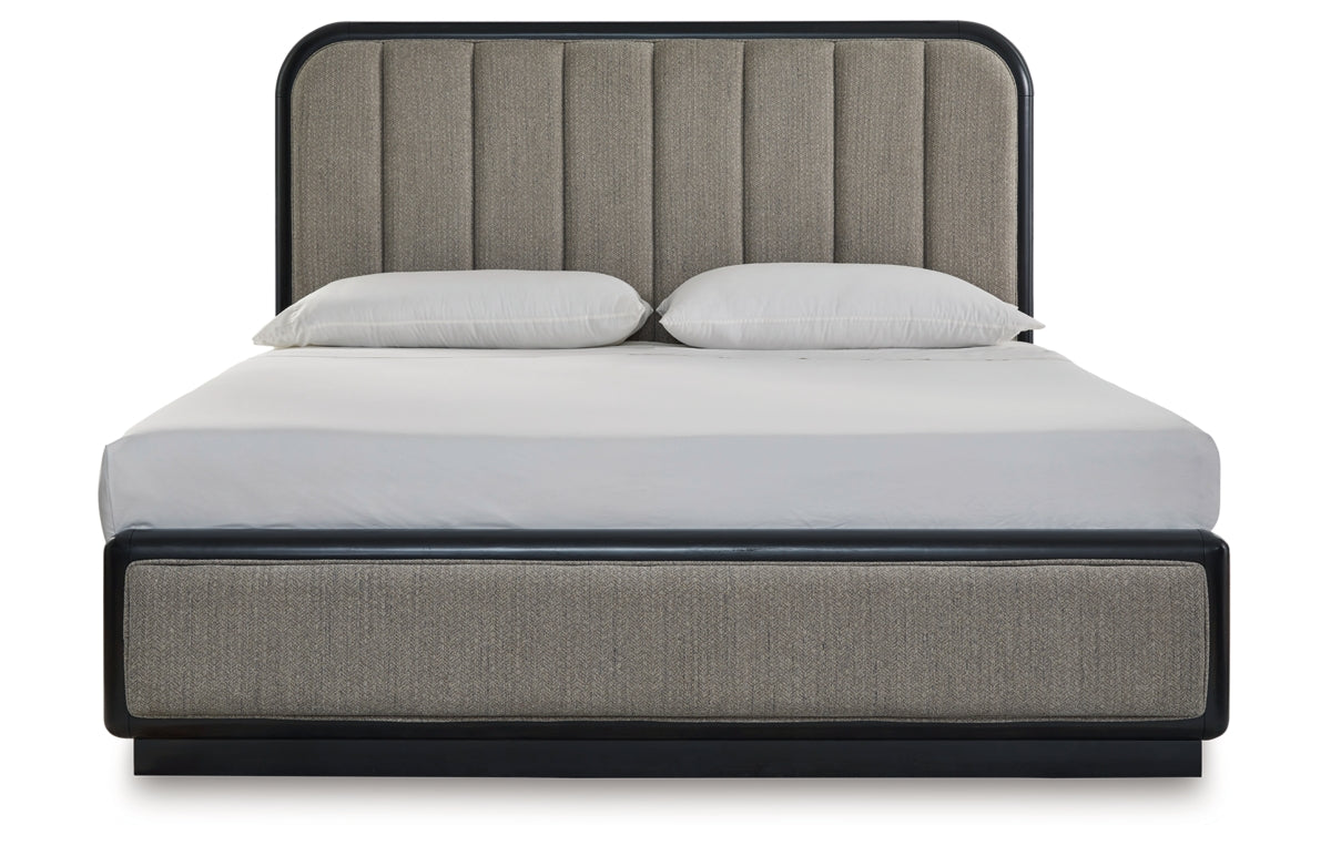 Rowanbeck California King Upholstered Panel Bed, Dresser, Mirror, Chest and Nightstand