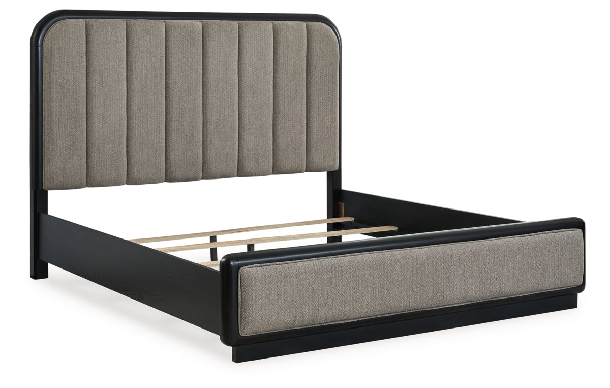 Rowanbeck California King Upholstered Panel Bed, Dresser, Mirror, Chest and Nightstand