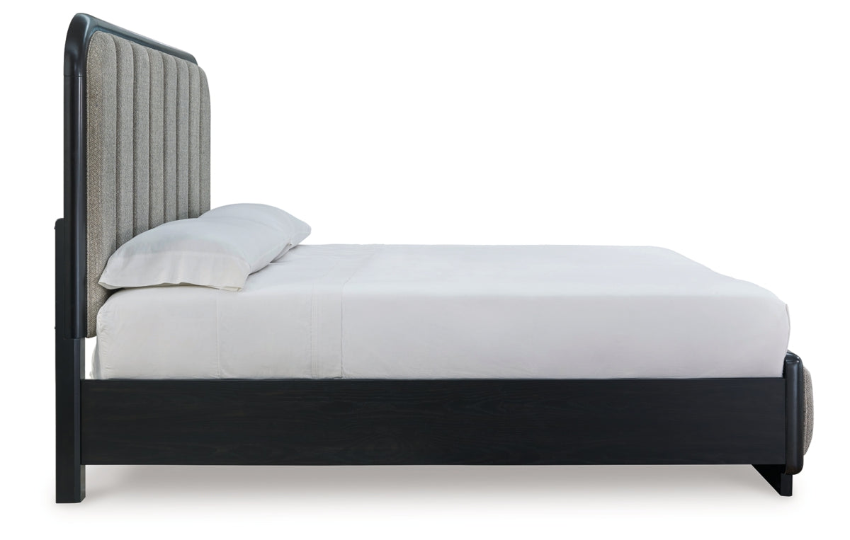 Rowanbeck California King Upholstered Panel Bed, Dresser, Mirror, Chest and Nightstand