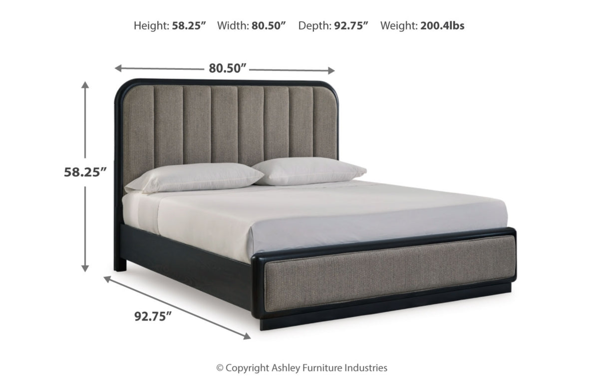 Rowanbeck California King Upholstered Panel Bed with Mirrored Dresser and Nightstand
