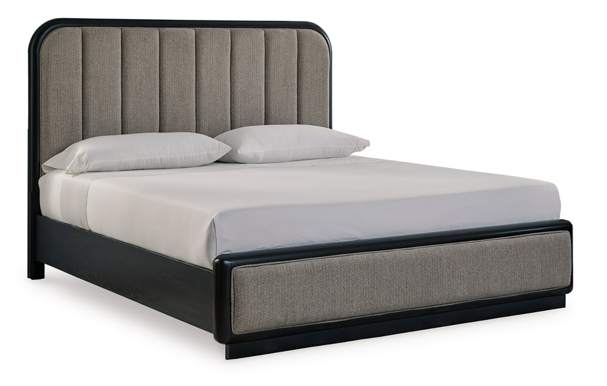 Rowanbeck California King Upholstered Panel Bed with Mirrored Dresser and Nightstand