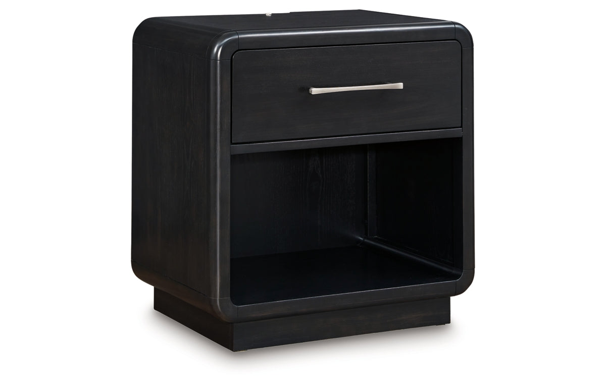 Rowanbeck California King Upholstered Panel Bed, Dresser, Mirror, Chest and Nightstand