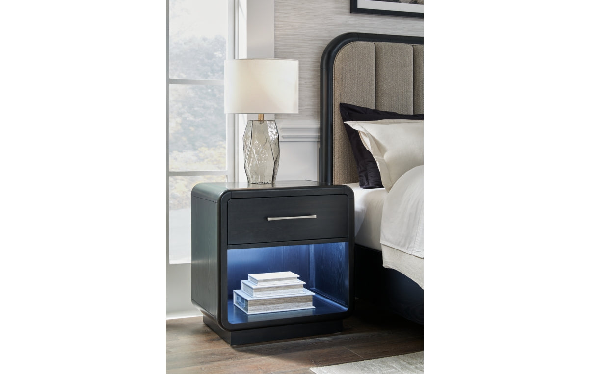 Rowanbeck California King Upholstered Panel Bed, Dresser, Mirror, Chest and Nightstand