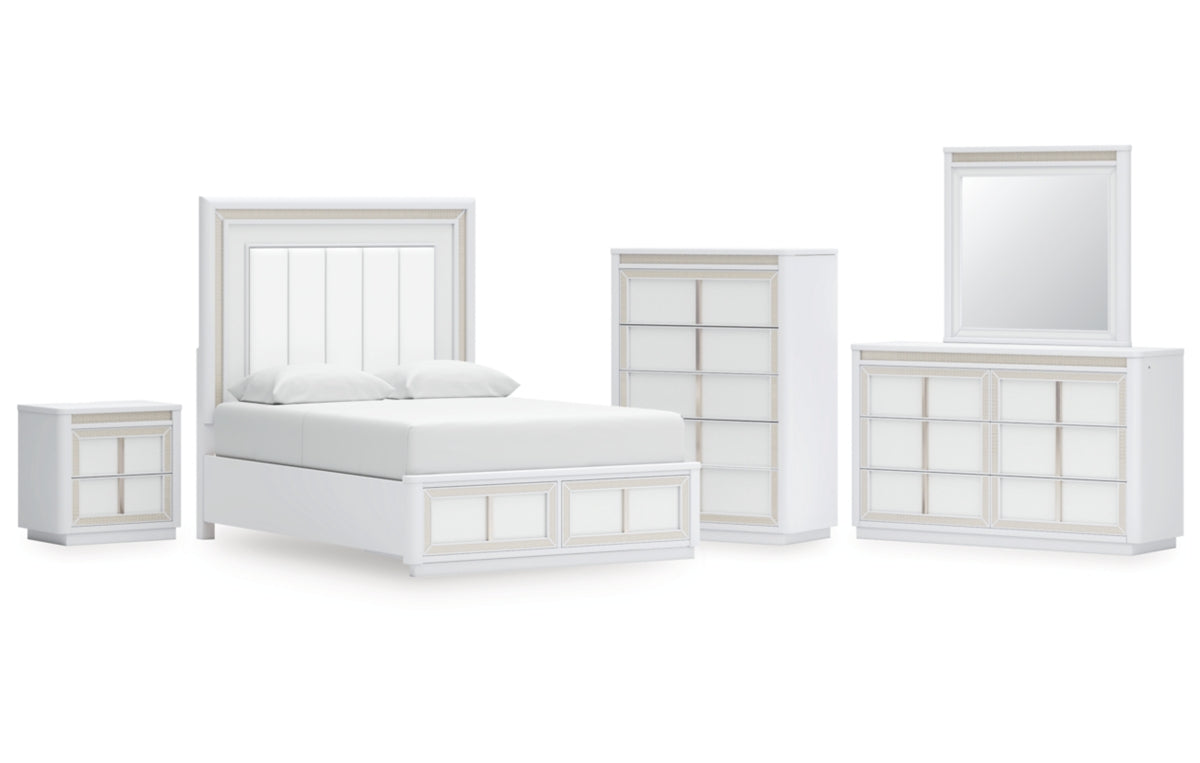 Chalanna Queen Upholstered Storage Bed with Mirrored Dresser, Chest and Nightstand