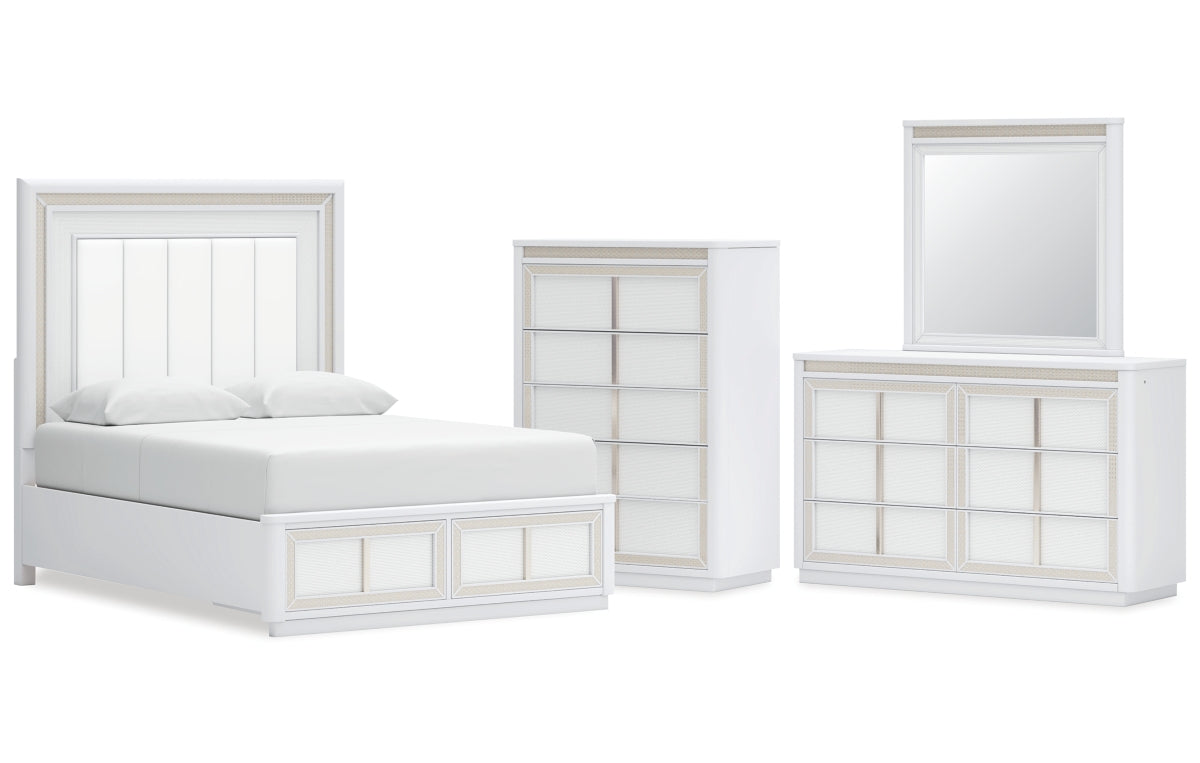 Chalanna Queen Upholstered Storage Bed with Mirrored Dresser and Chest