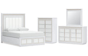 Chalanna Queen Upholstered Storage Bed with Mirrored Dresser and Chest