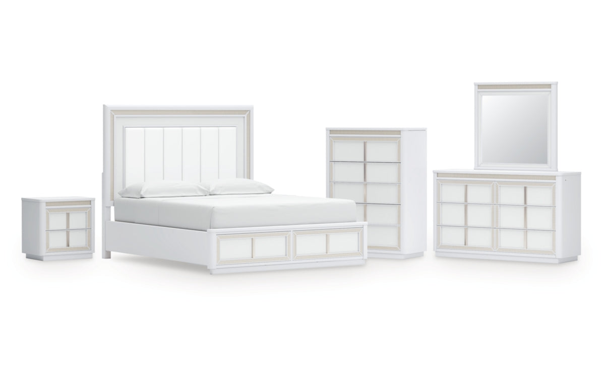 Chalanna California King Upholstered Storage Bed with Mirrored Dresser, Chest and Nightstand