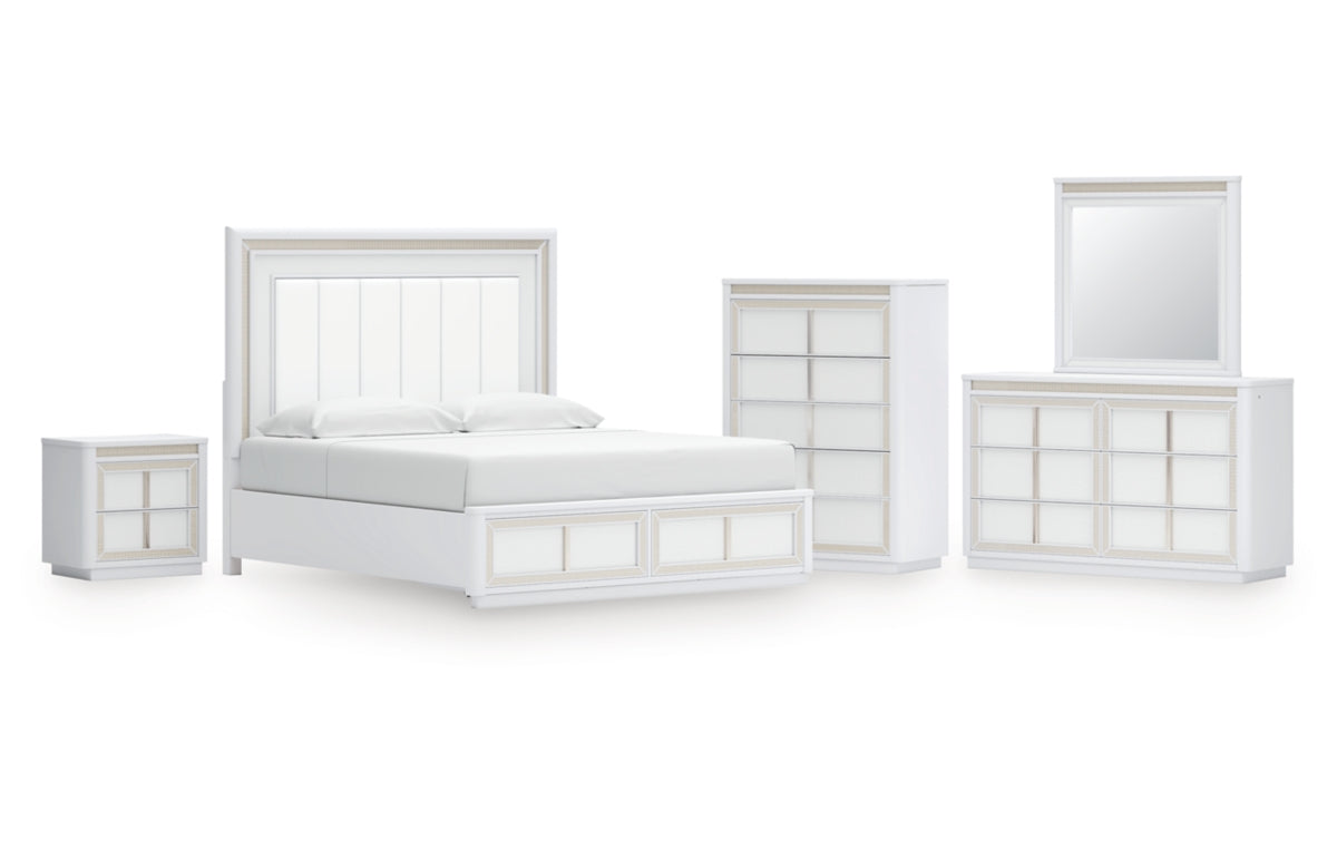 Chalanna King Upholstered Storage Bed, Dresser, Mirror, Chest and Nightstand
