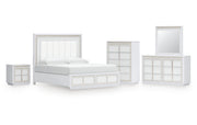 Chalanna King Upholstered Storage Bed, Dresser, Mirror, Chest and Nightstand