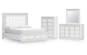Chalanna California King Upholstered Storage Bed with Mirrored Dresser and Chest