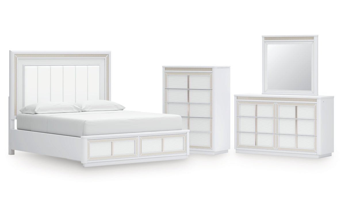 Chalanna California King Upholstered Storage Bed, Dresser, Mirror and Chest
