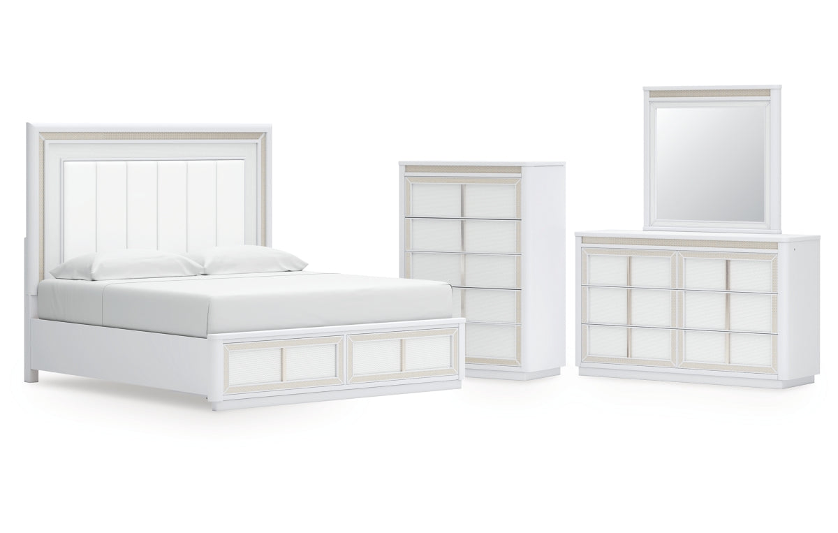 Chalanna King Upholstered Storage Bed, Dresser, Mirror and Chest