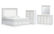 Chalanna King Upholstered Storage Bed, Dresser, Mirror and Chest
