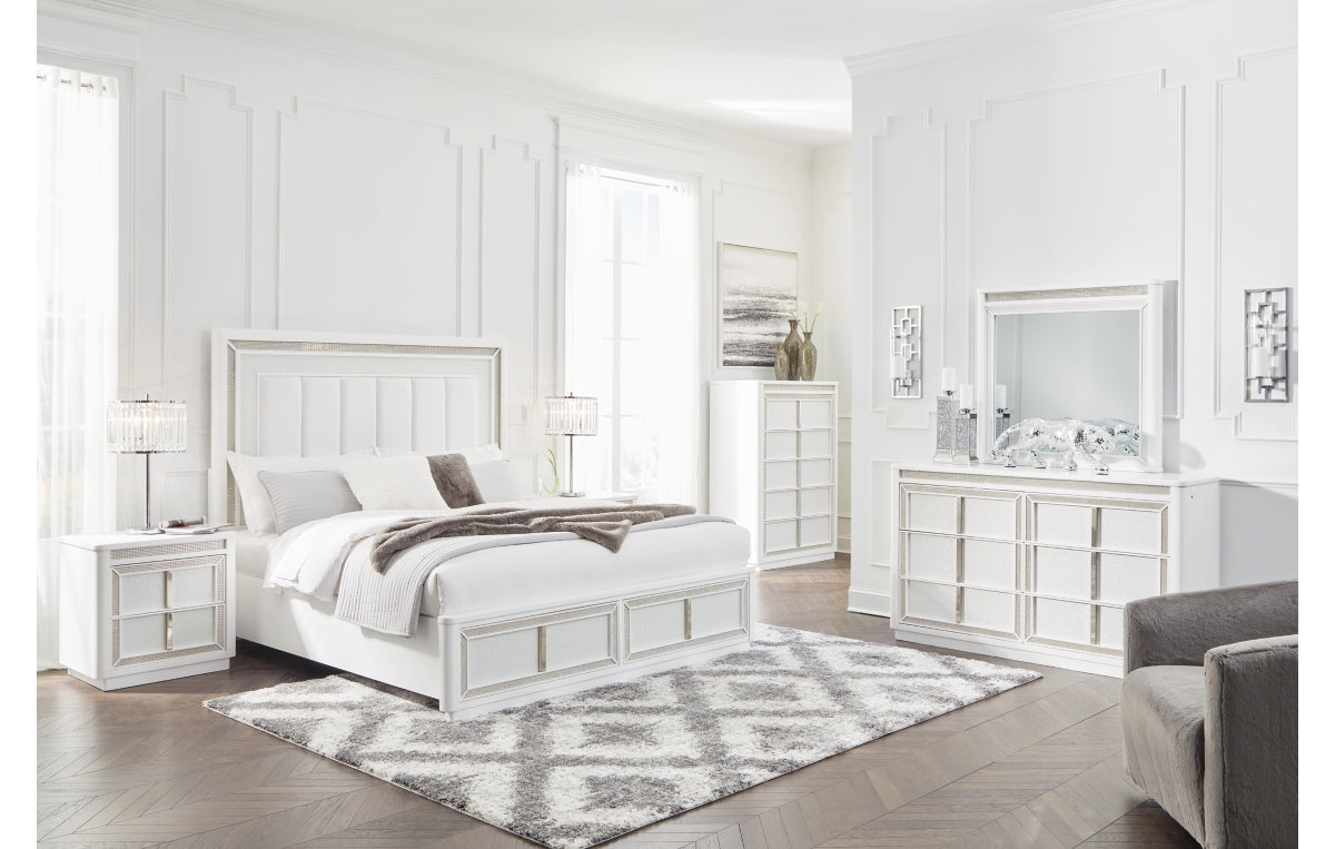 Chalanna Queen Upholstered Storage Bed with Mirrored Dresser