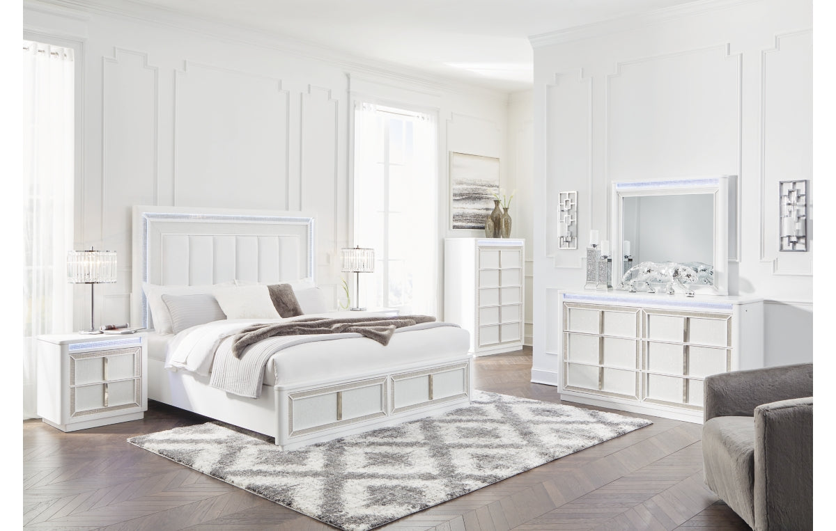 Chalanna Queen Upholstered Storage Bed with Mirrored Dresser