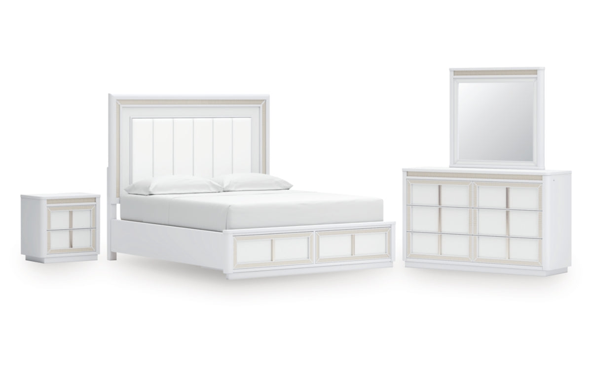 Chalanna California King Upholstered Storage Bed, Dresser, Mirror and Nightstand