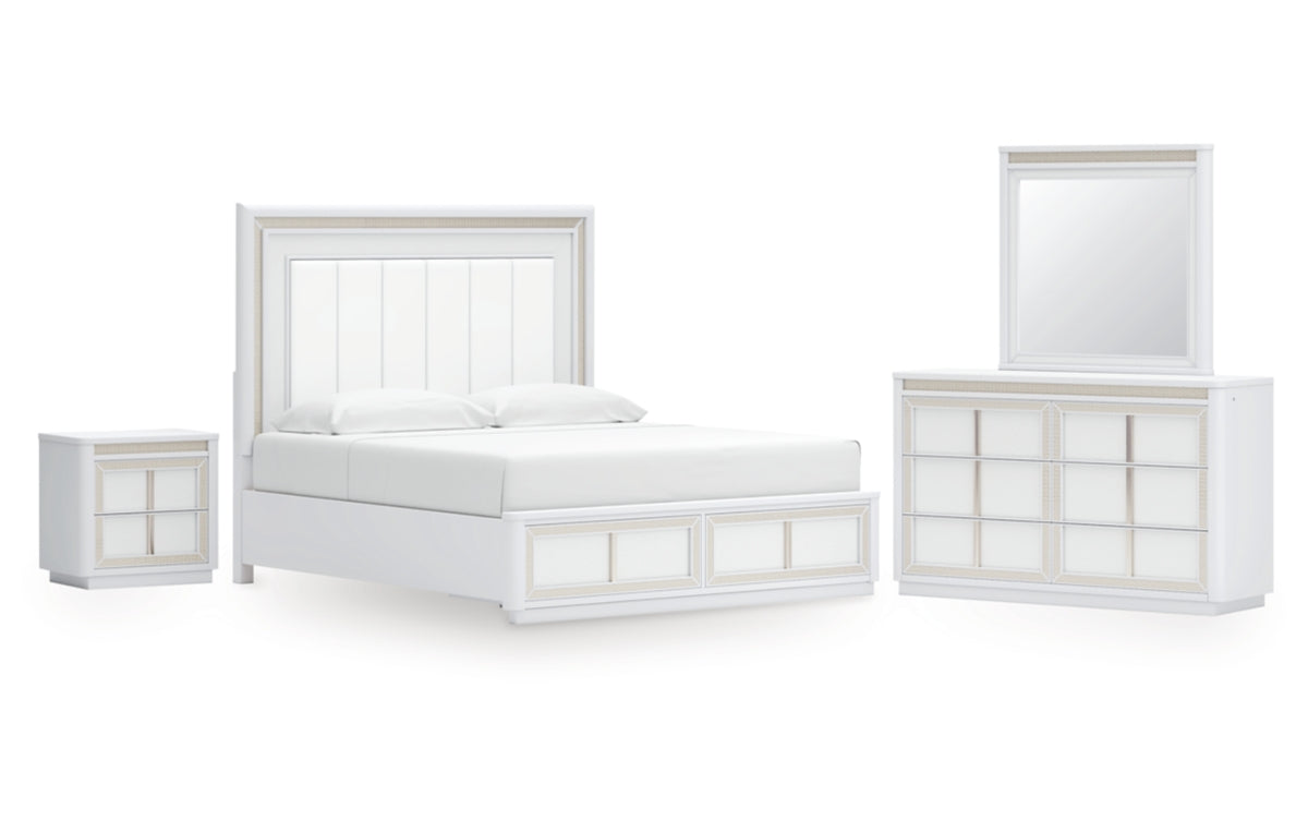 Chalanna King Upholstered Storage Bed with Mirrored Dresser and Nightstand