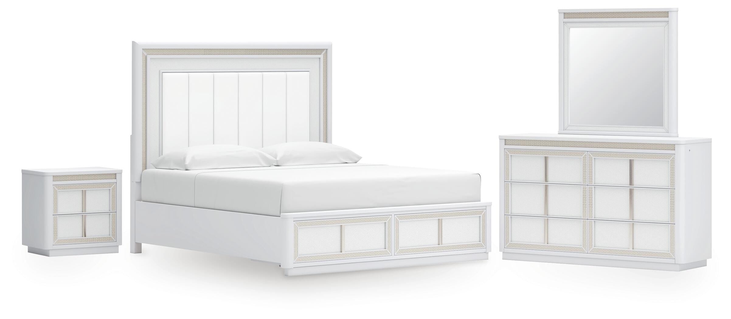 Chalanna California King Upholstered Storage Bed, Dresser and Mirror