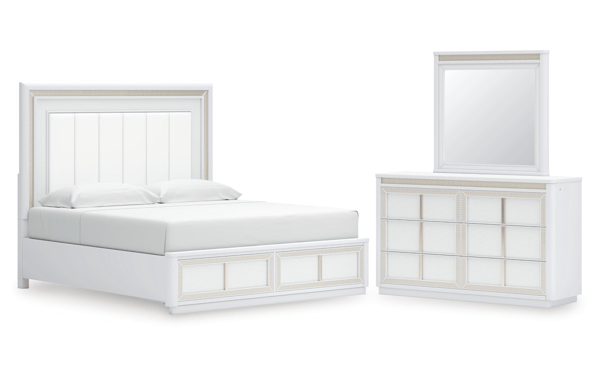 Chalanna King Upholstered Storage Bed, Dresser and Mirror