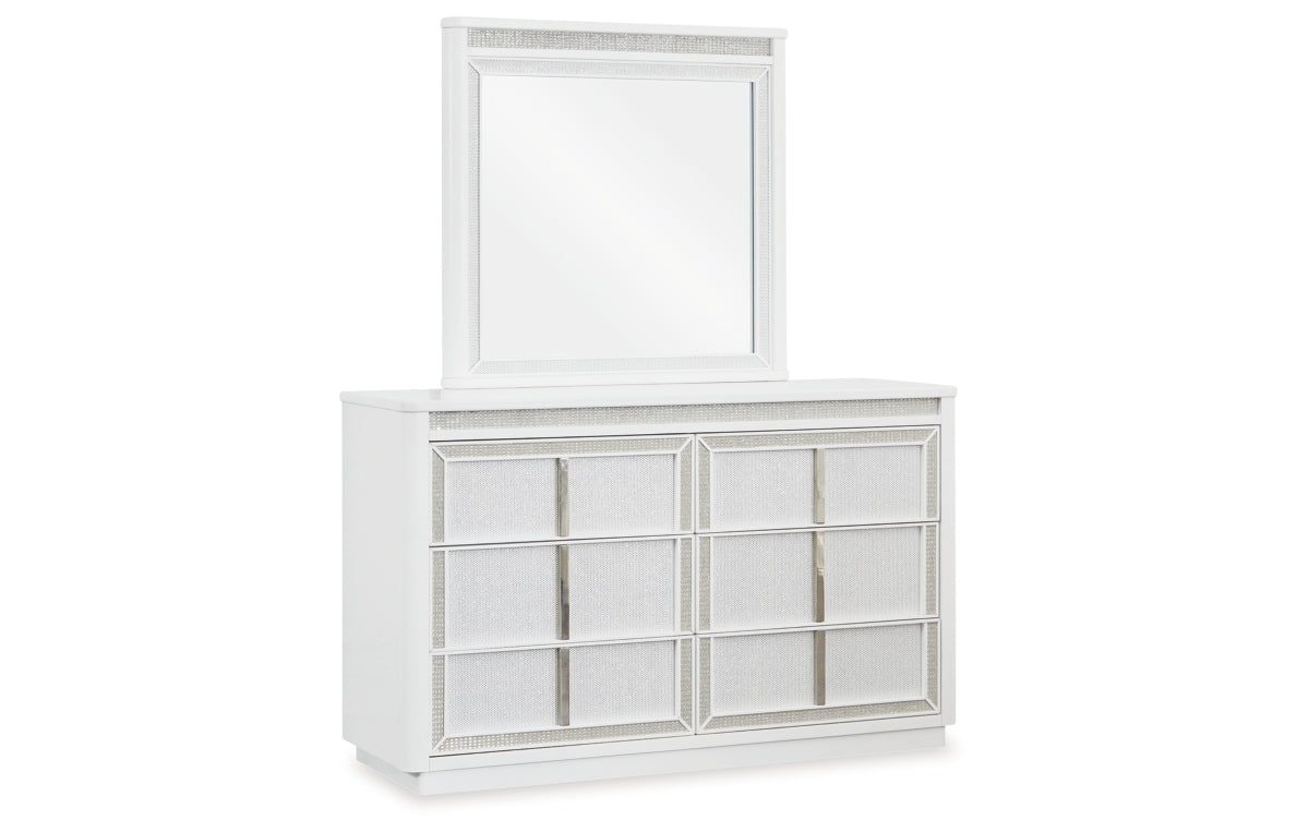 Chalanna California King Upholstered Storage Bed with Mirrored Dresser, Chest and Nightstand
