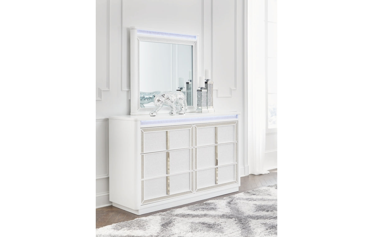 Chalanna King Upholstered Storage Bed, Dresser, Mirror, Chest and Nightstand