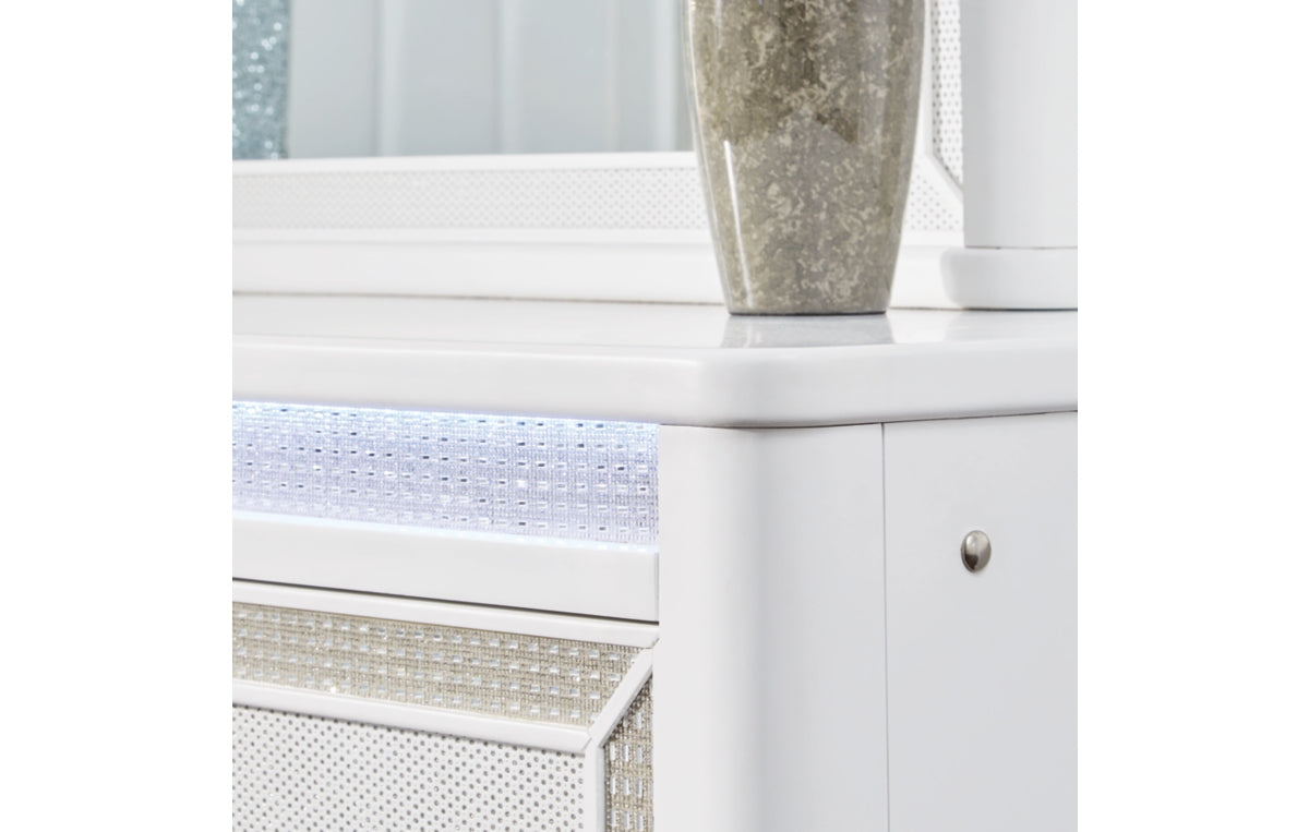 Chalanna Queen Upholstered Storage Bed with Mirrored Dresser