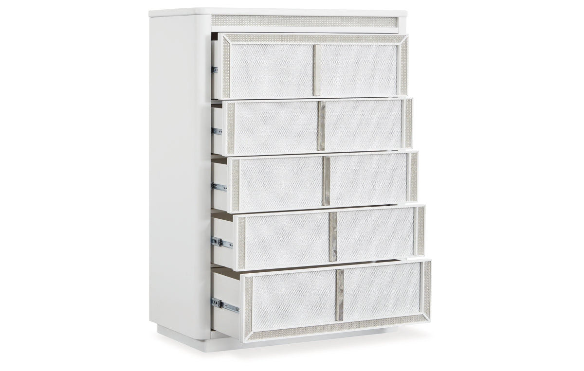 Chalanna King Upholstered Storage Bed, Dresser, Mirror, Chest and Nightstand