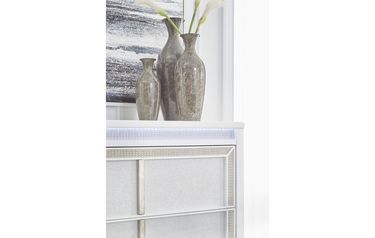 Chalanna California King Upholstered Storage Bed with Mirrored Dresser, Chest and Nightstand
