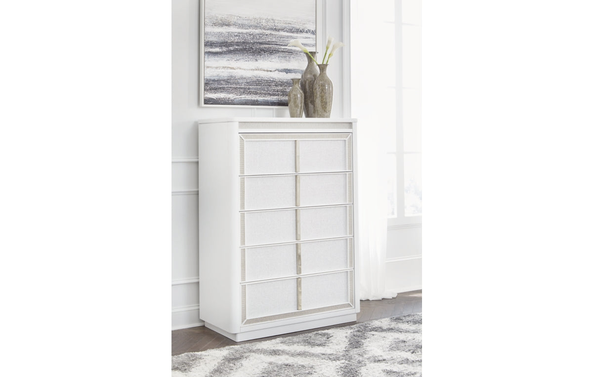 Chalanna California King Upholstered Storage Bed with Mirrored Dresser, Chest and Nightstand
