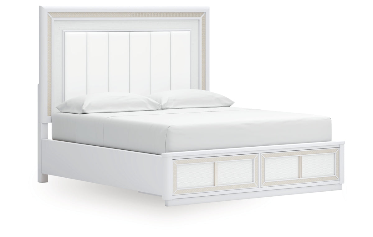 Chalanna King Upholstered Storage Bed with Mirrored Dresser and Nightstand