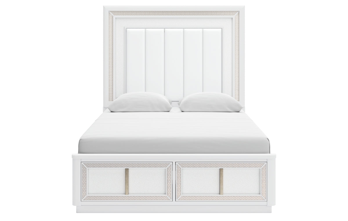 Chalanna Queen Upholstered Storage Bed with Mirrored Dresser and Chest