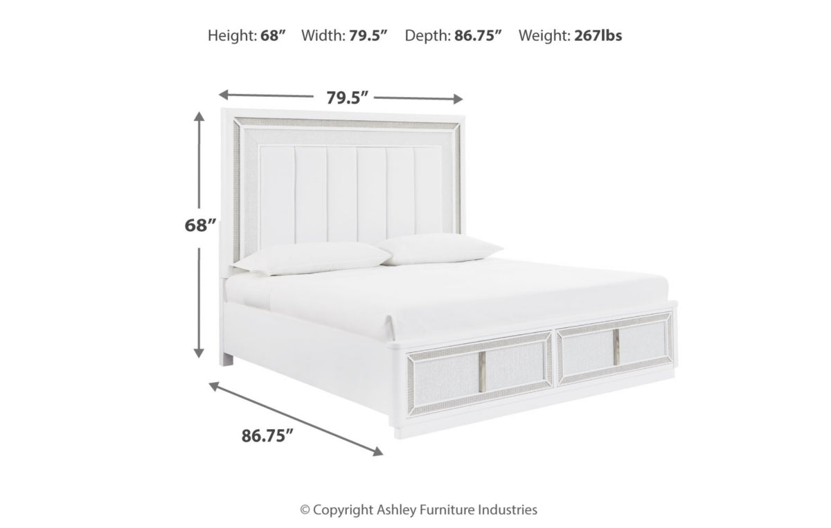 Chalanna King Upholstered Storage Bed, Dresser, Mirror and Nightstand