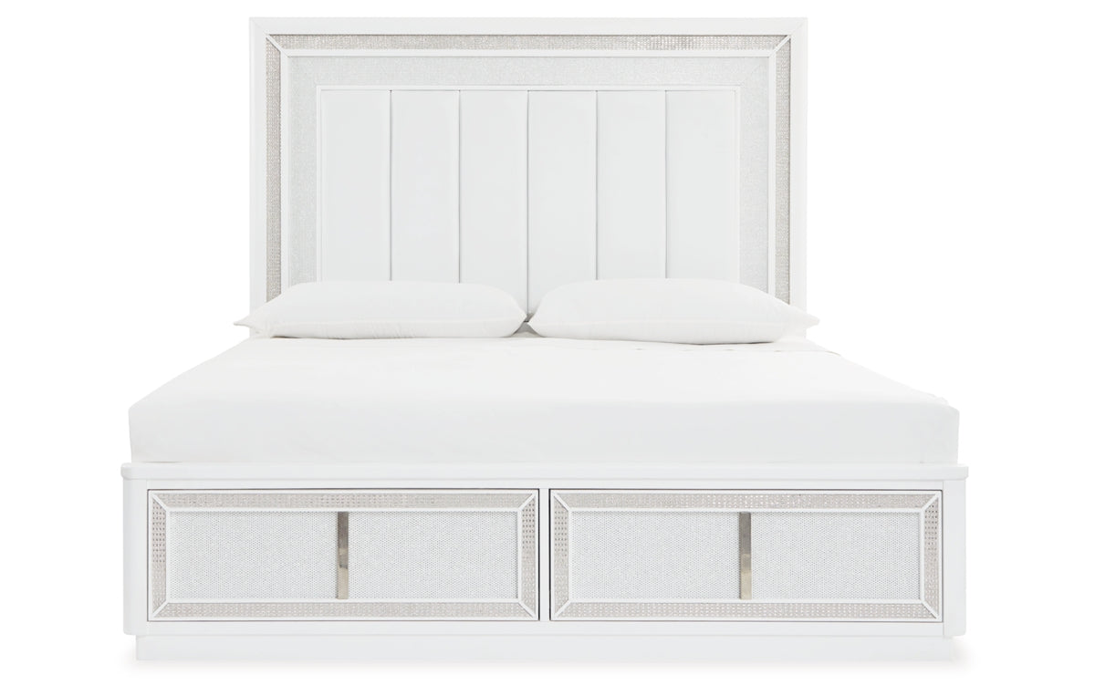 Chalanna King Upholstered Storage Bed, Dresser, Mirror, Chest and Nightstand
