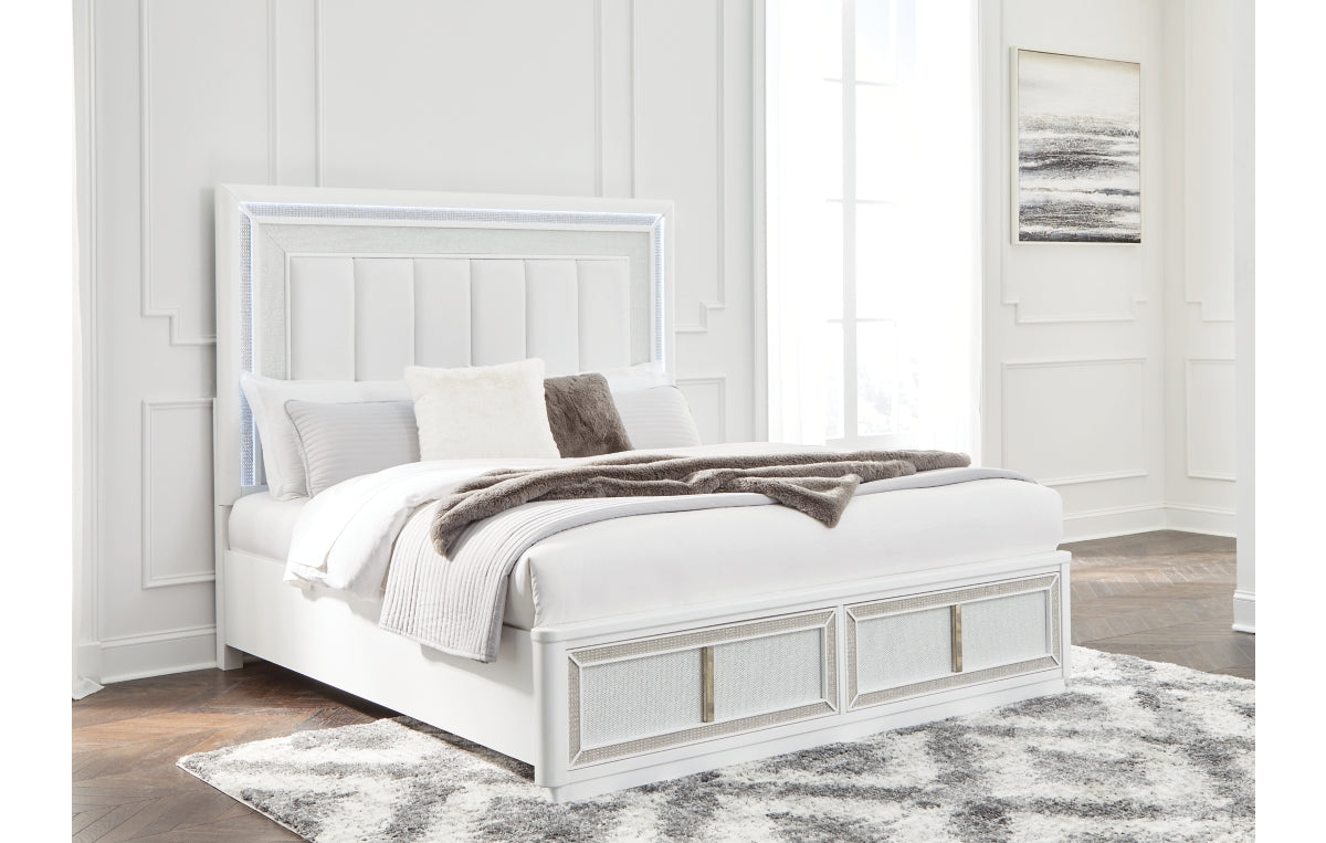 Chalanna King Upholstered Storage Bed, Dresser, Mirror, Chest and Nightstand