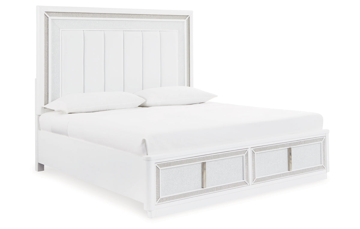 Chalanna King Upholstered Storage Bed, Dresser, Mirror, Chest and Nightstand
