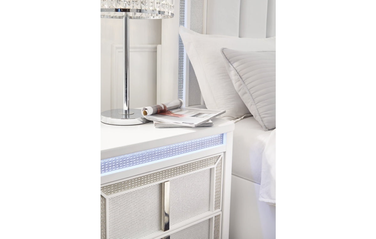 Chalanna King Upholstered Storage Bed, Dresser, Mirror, Chest and Nightstand