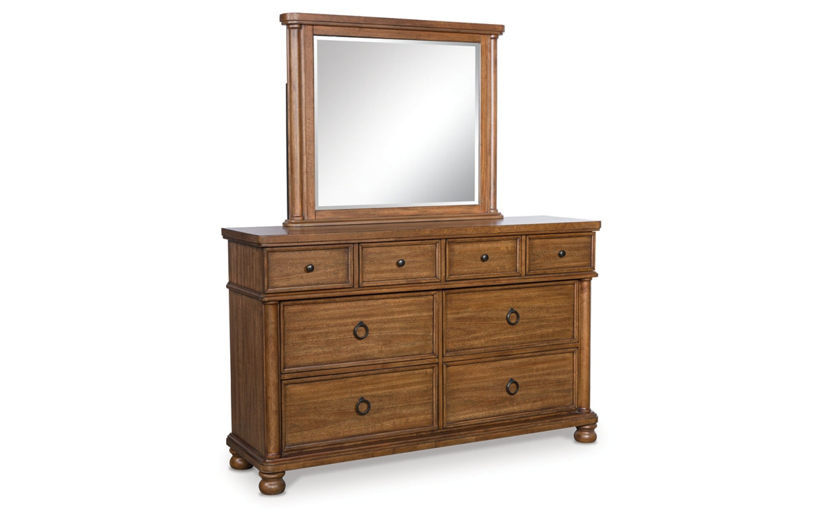 Rowlenstown California King Poster Bed with Mirrored Dresser and Nightstand