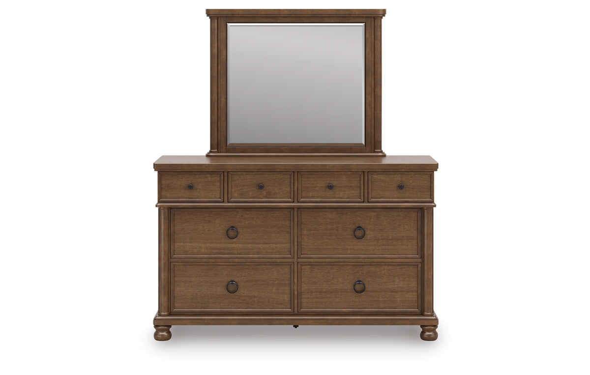 Rowlenstown California King Poster Bed with Mirrored Dresser and Nightstand