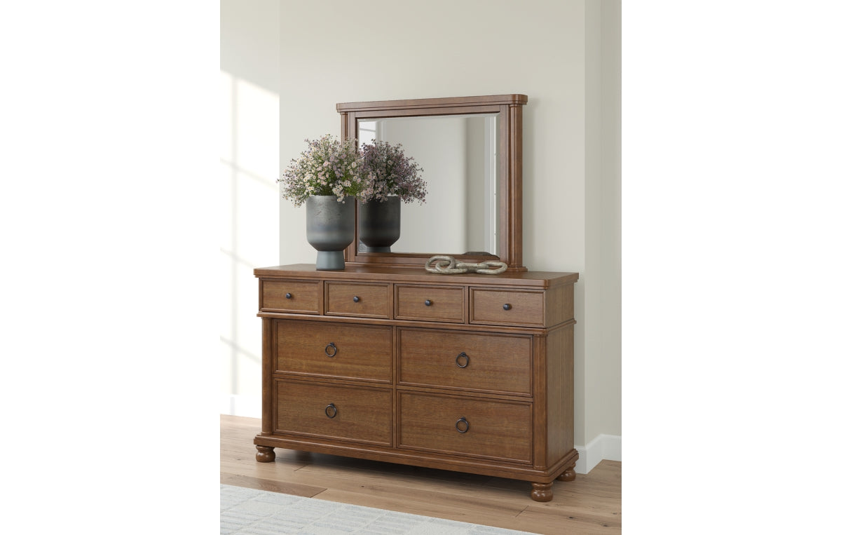 Rowlenstown California King Poster Bed with Mirrored Dresser and Nightstand