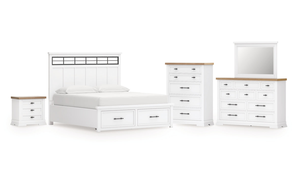 Ashbryn California King Panel Storage Bed, Dresser, Mirror, Chest and Nightstand
